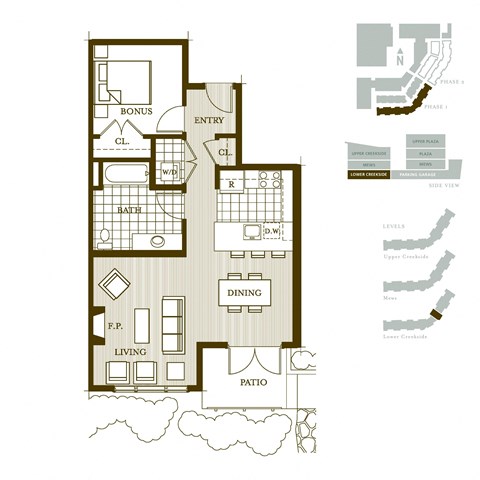 Floor plan for 1 bed, 1 bath, 732 sqft